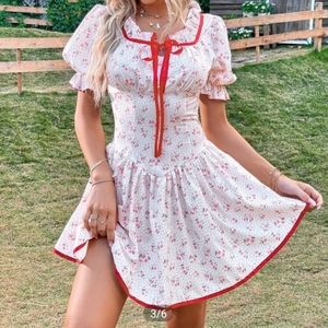 NEW polka dot floral puff shoulder tie neck summer dress, size S